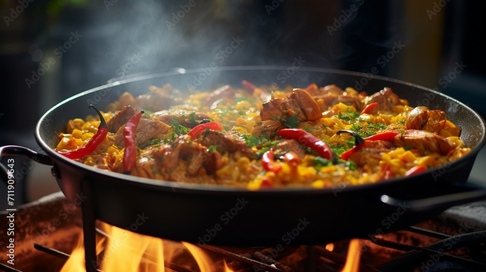 A close-up of a bubbling Chicken Paella as it cooks, capturing the essence of the dish in the midst of its preparation
