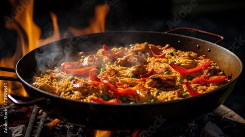 A close-up of a bubbling Chicken Paella as it cooks, capturing the essence of the dish in the midst of its preparation