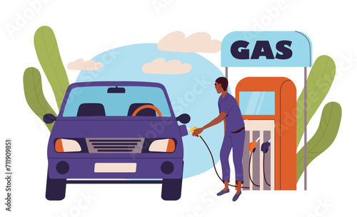 Man refuels car concept. Young guy with violet automobile at gas station. Supplies for vehicles. Driver near oil pump with hose fill gas tank in auto. Cartoon flat vector illustration