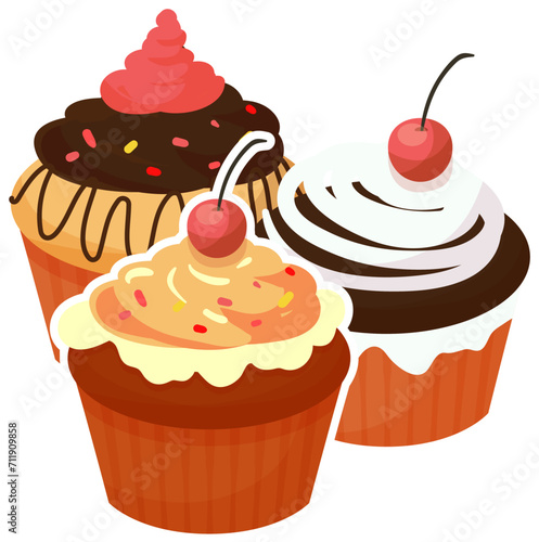 Three assorted cupcakes with cherries on top. Delicious bakery sweets with frosting and sprinkles vector illustration.