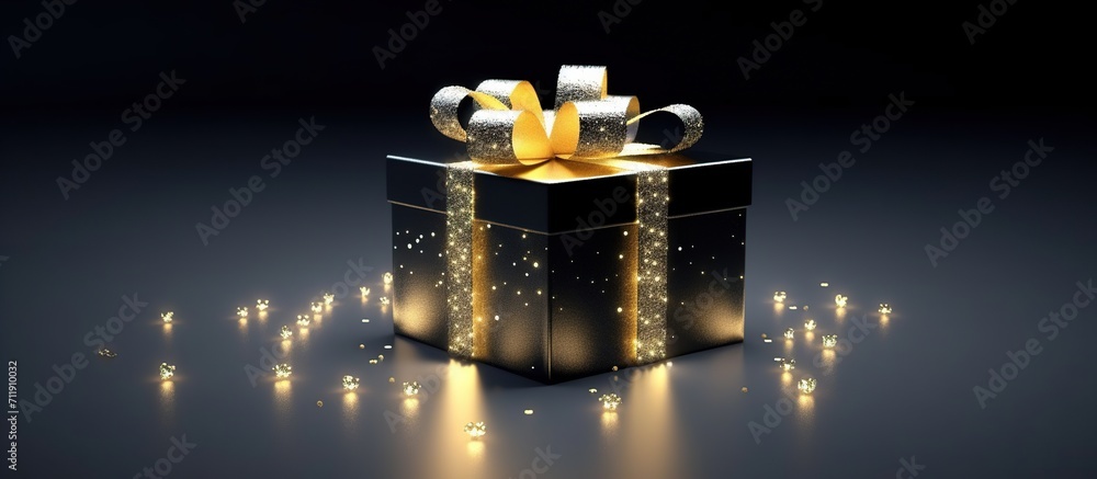 Gift box with gold bow in the background, closeup Gift box with gold bow in the background, closeup