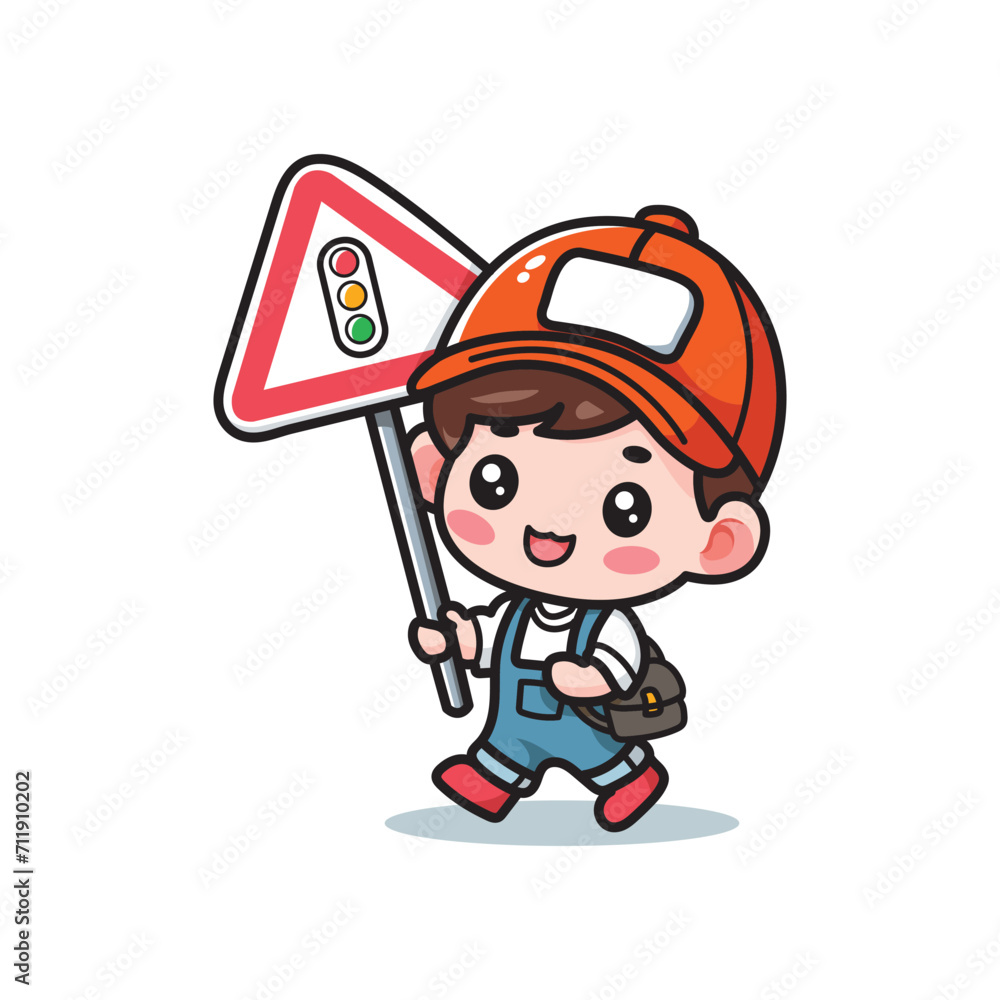cute vector design illustration of little boy and traffic sign symbol