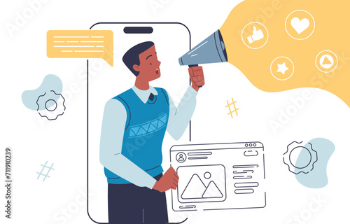 Marketing doodle concept. Man with loudspeaker at smartphone screen. Promotion of goods on internet and social networks. Linear flat vector illustration isolated on white background