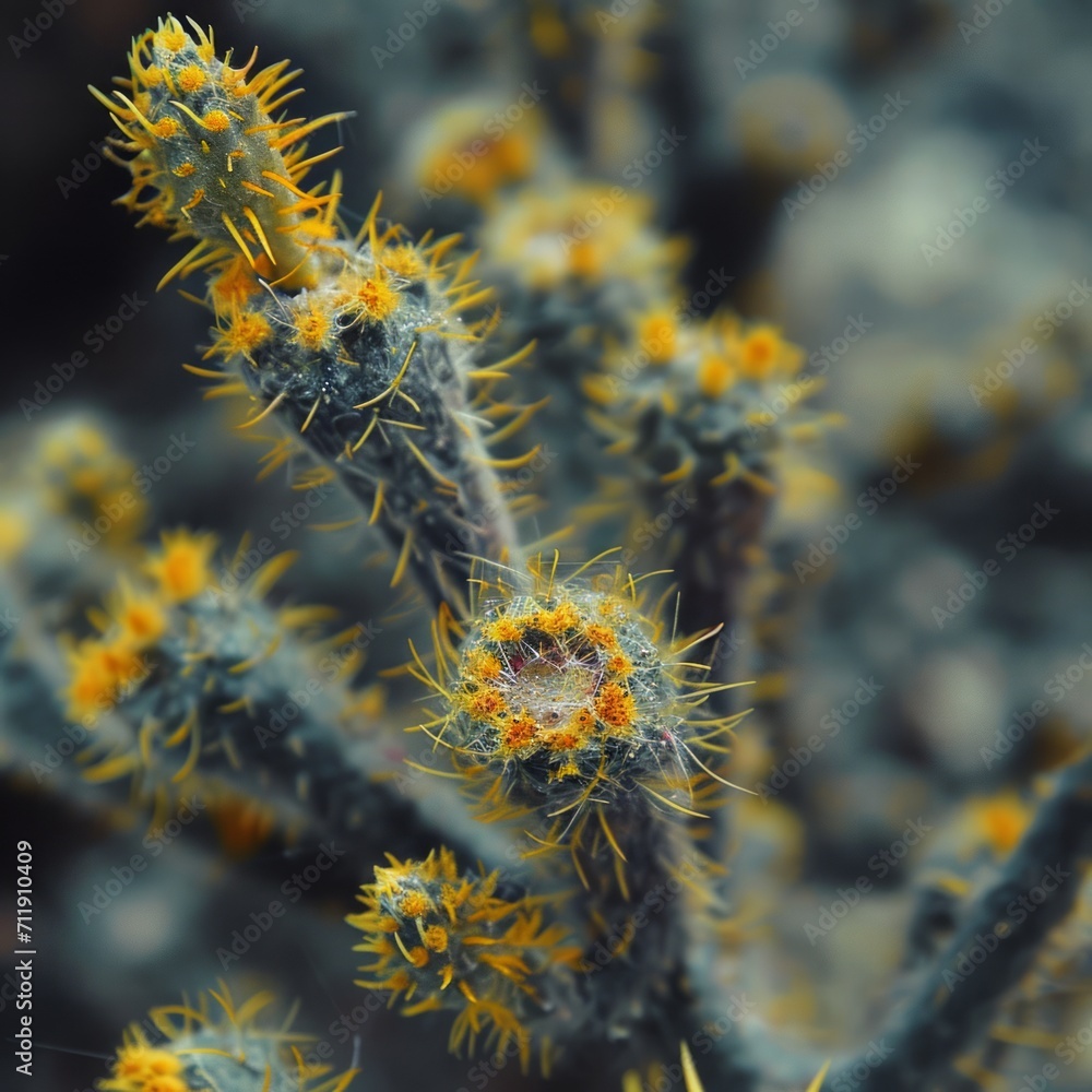 Obraz premium Close up of cactus with yellow flowers. Selective focus.