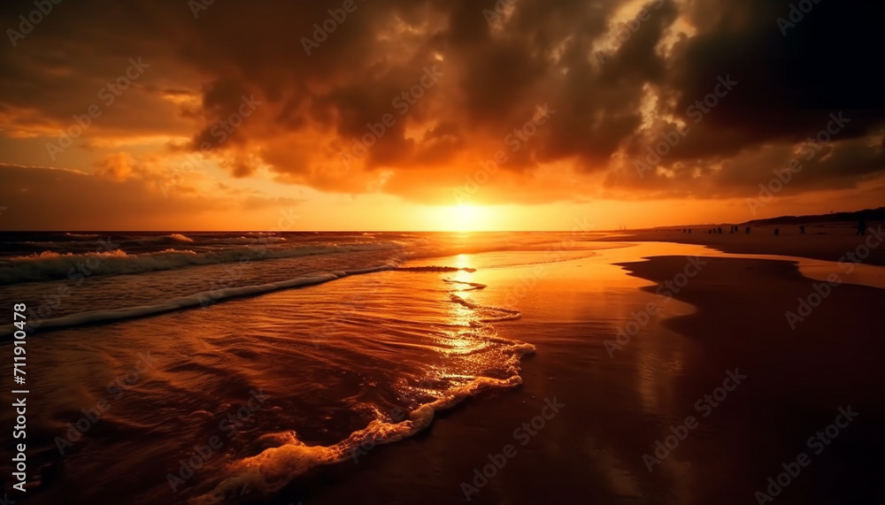 Sunset over the tranquil coastline, nature beauty in vibrant colors generated by AI