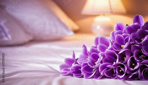 purple crocus flowers , Dreamy Purple Petals and Soft Lights Bedroom Romance for valentine day created with generative ai 