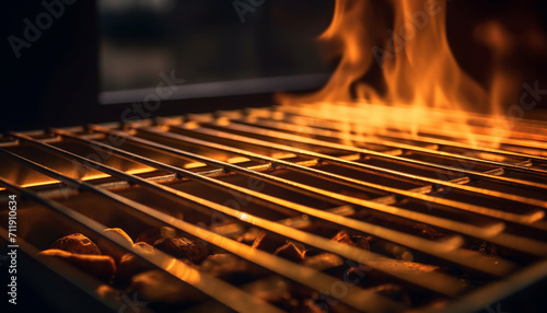 Flame burning on grill, heat igniting wood, preparing grilled meal generated by AI