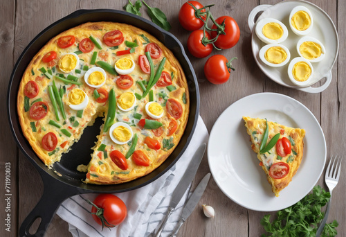 Savory Frittata with Deviled Eggs and Ricotta, Mixed with Onion, Tomatoes, and Bell Peppers