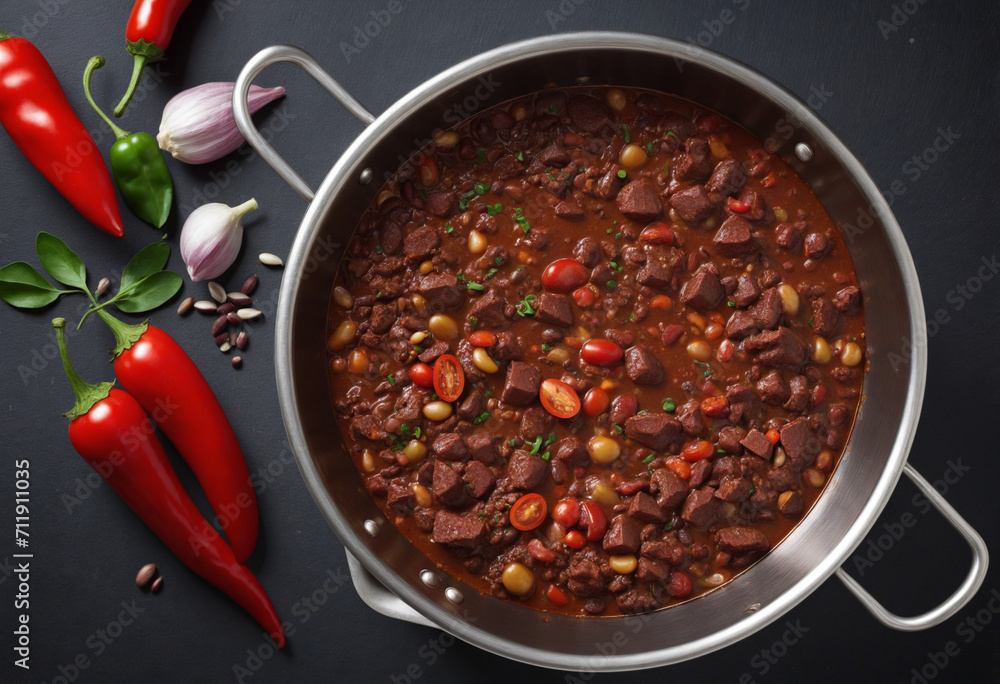chili con carne in a stainless pot - obrazy, fototapety, plakaty 