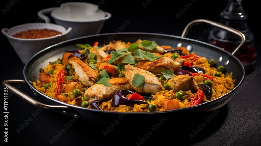 A close-up of a Chicken Paella served in an elegant dish, with the focus on the intricate details of the individual components
