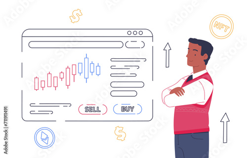 NFT market doodle concept. Man trading cryptocurrency and bitcoins. Investing and trading. Financial literacy and occupation. Young guy with graphs and charts. Linear flat vector illustration