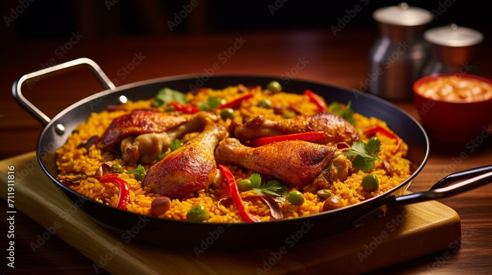 A close-up of a Chicken Paella served in an elegant dish, with the focus on the intricate details of the individual components