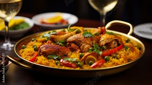 A close-up of a Chicken Paella served in an elegant dish  with the focus on the intricate details of the individual components