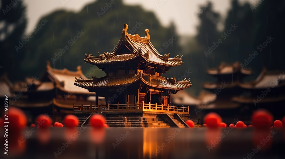 Chinese temple in the rain. Traditional Chinese architecture. Selective focus - obrazy, fototapety, plakaty 