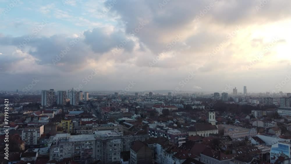 Drone flight at sunset above the Novi Beograd district, New Belgrade, Belgrade, Serbia, Europe