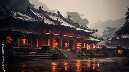Chinese temple in the rain. Traditional Chinese architecture. Selective focus