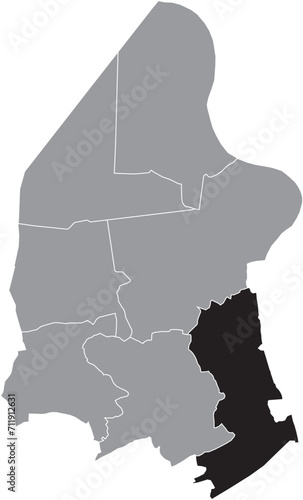 Black flat blank highlighted location map of the MELSELE MUNICIPALITY inside gray administrative map of BEVEREN, Belgium