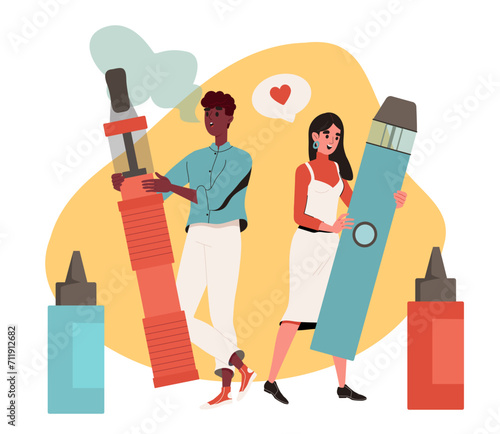 People smoke electronic cigarettes concept. Man and woman with ecigarettes. Young guy and girl with vape and steam. Bad habit. Cartoon flat vector illustration isolated on white background