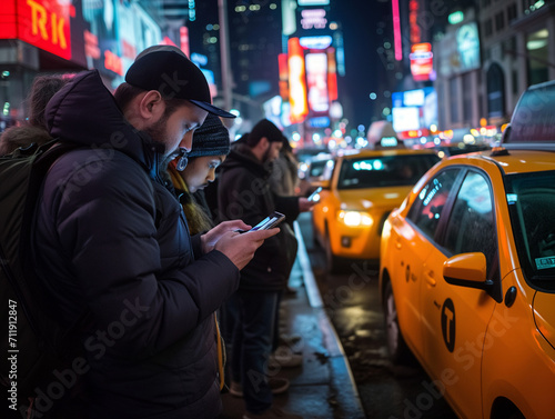 A Photo of People Using Their Smartphones While Waiting in a Taxi Line
