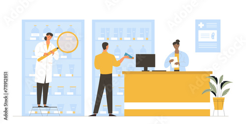 People in pharmacy concept. Women in medical coat with buyer. Team of pharmacist give drugs and medicines for man with prescription. Health care and treatment. Cartoon flat vector illustration