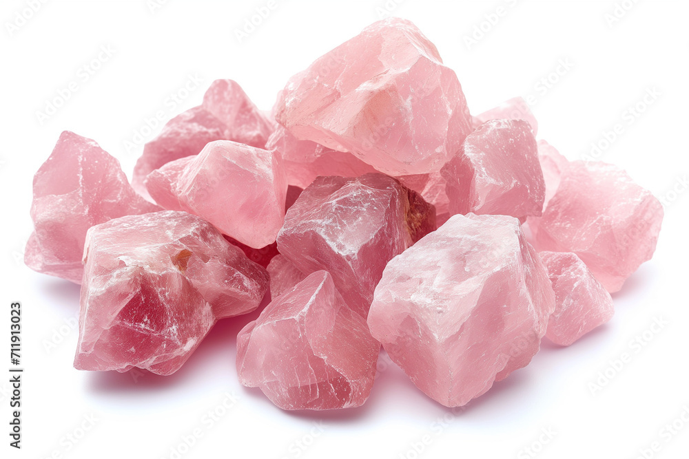 A pile of rose quartz gem stones on white background A pile of rose quartz gem stones on white background