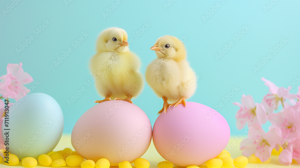 Yellow chicks sitting on colorful Easter eggs