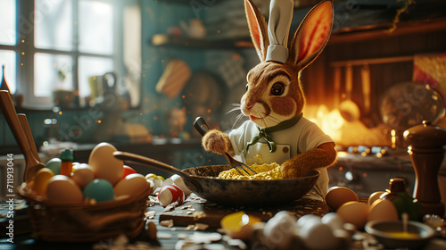 Easter bunny cooking an omelette from Easter eggs photo
