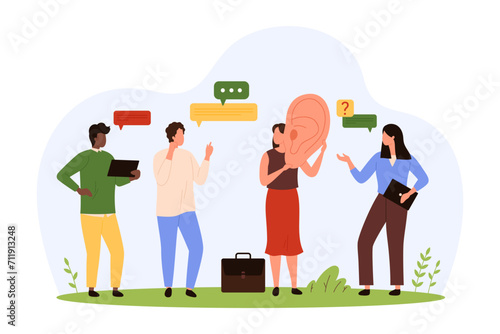 Skill of boss to listen to advice, suggestions and opinions of employees. Tiny businesswoman with big ear to hear people, support manager listening to customers feedback cartoon vector illustration