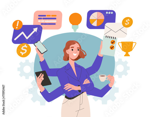 Productive businesswoman concept. Young girl in beige skirt with multihands. Overworked employee. Motivation and hard work, multitasking entrepreneur. Cartoon flat vector illustration