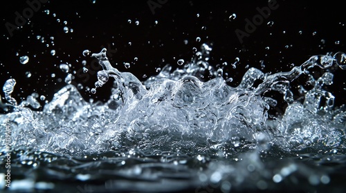Ultra-realistic depiction of water colliding dynamically in mid-air, capturing the beauty of liquid motion, set against a striking black background.