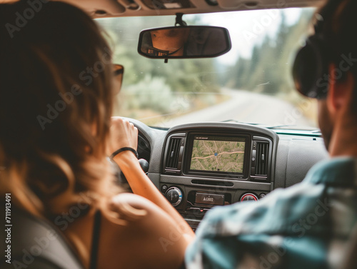 A Photo of a Couple Looking At a Car's GPS Screen On a Road Trip