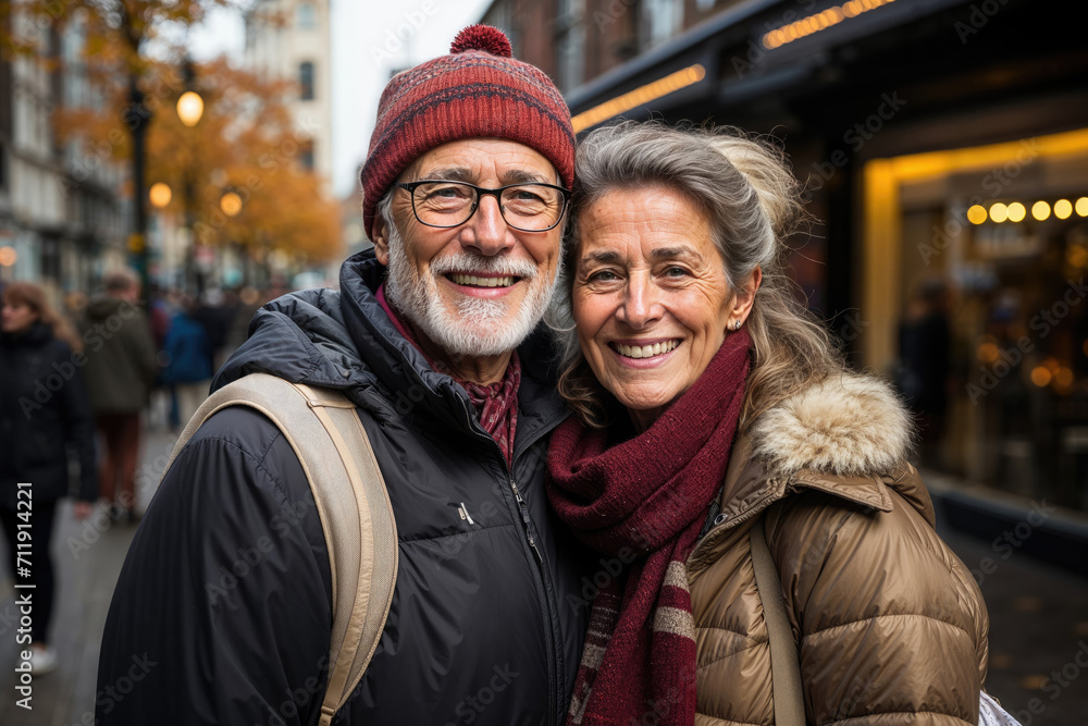 Generative AI image of a cheerful elderly couple wearing winter clothes and hugging each other on a busy city street Generative AI image of a cheerful elderly couple wearing winter clothes and hugging each other on a busy city street