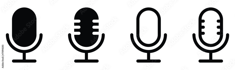 Set of line Microphone icons. Different variant podcast microphone. Karaoke mic web and mobile app icon. Voice, recording Studio Symbol collection. Logo template for many purpose. Vector illustration - obrazy, fototapety, plakaty 