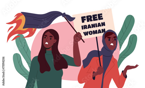 Revolution of women concept. Young girls with placards and black flag. Free Iranian woman. Protests in Iran. Fight for rights and stop gender discrimination. Cartoon flat vector illustration photo