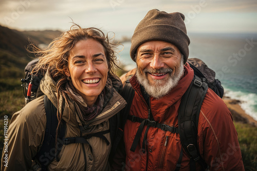 Generative AI image of a joyful senior couple with backpacks sharing a happy moment on a coastal hike with hills and ocean in the background photo