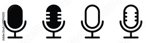 Set of line Microphone icons. Different variant podcast microphone. Karaoke mic web and mobile app icon. Voice, recording Studio Symbol collection. Logo template for many purpose. Vector illustration photo