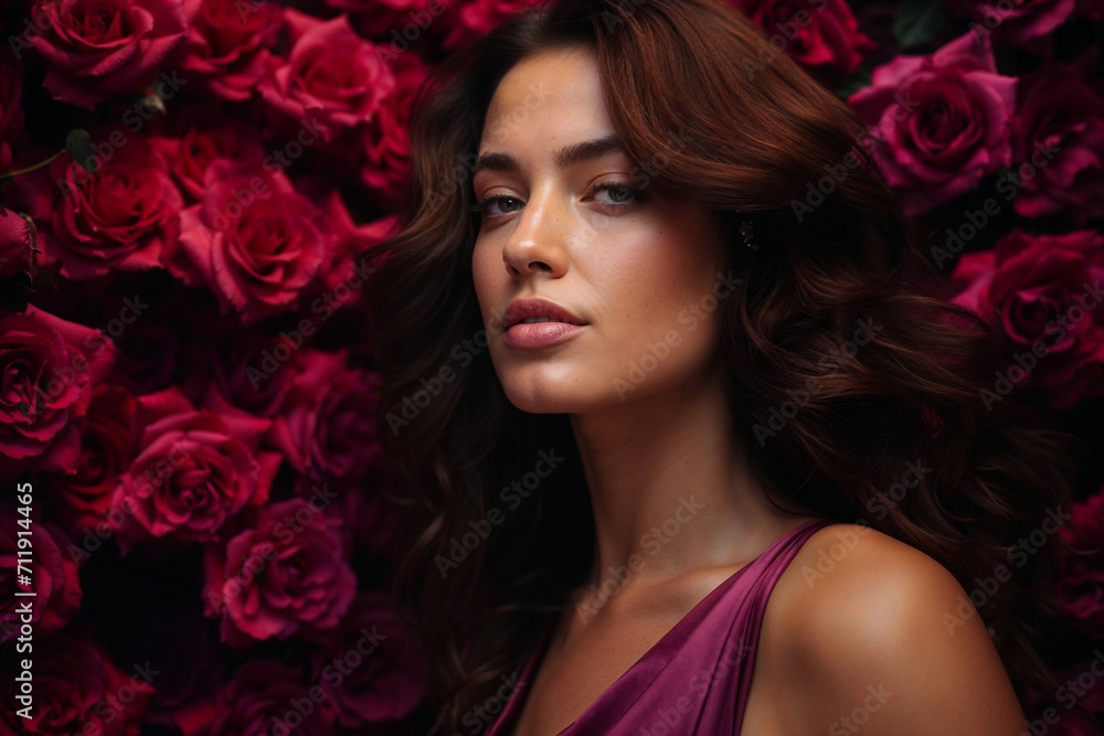 Generative AI illustration of woman with flowing hair and a serene expression wearing a purple dress surrounded by a sea of deep red roses Generative AI illustration of woman with flowing hair and a serene expression wearing a purple dress surrounded by a sea of deep red roses