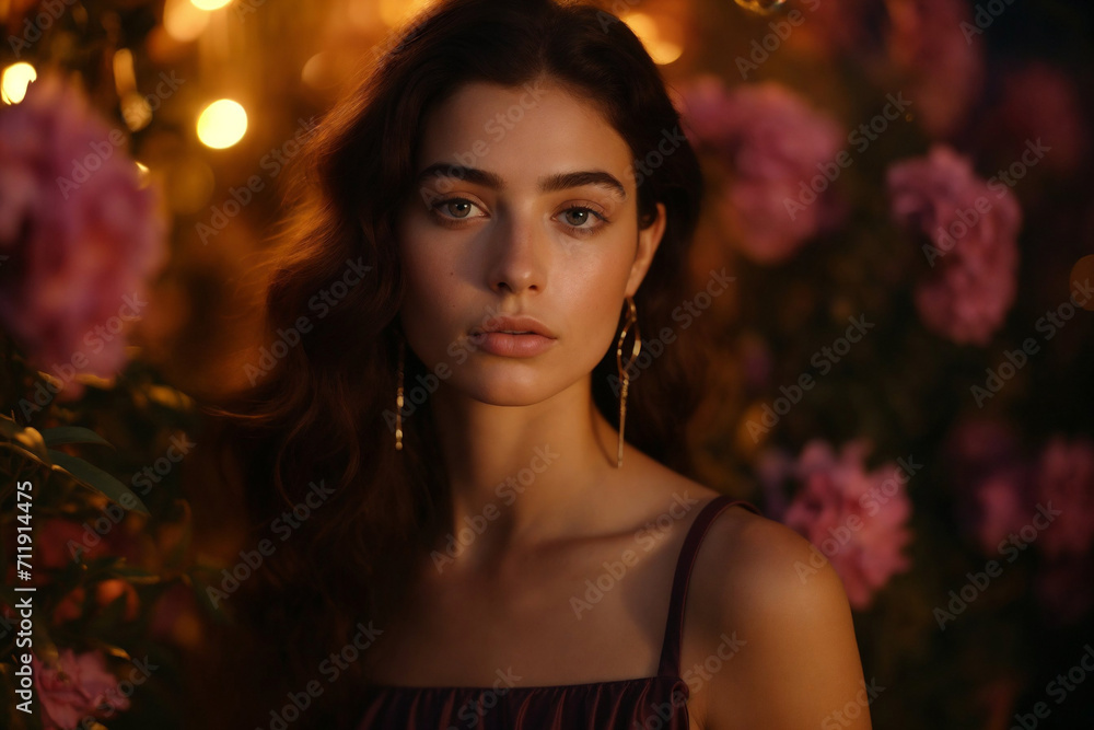 Generative AI illustration of tranquil woman with natural makeup and wavy hair surrounded by a floral ambiance and warm fairy lights Generative AI illustration of tranquil woman with natural makeup and wavy hair surrounded by a floral ambiance and warm fairy lights