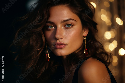 Generative AI illustration of portrait of woman with blue eyes and wavy hair adorned with elegant red earrings against a softly lit bokeh background photo