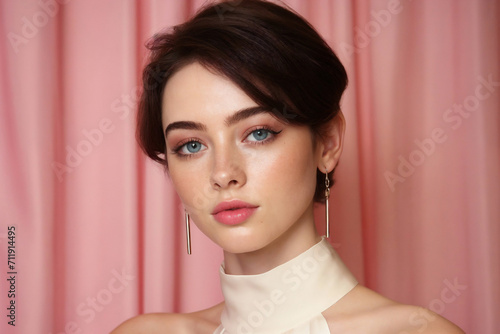 Generative AI illustration of poised woman with blue eyes and sleek hair against a pink curtain backdrop wearing a high neck dress and drop earrings photo