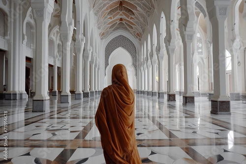 Young Muslim Woman in a Majestic Mosque Created With Generative AI Technology photo