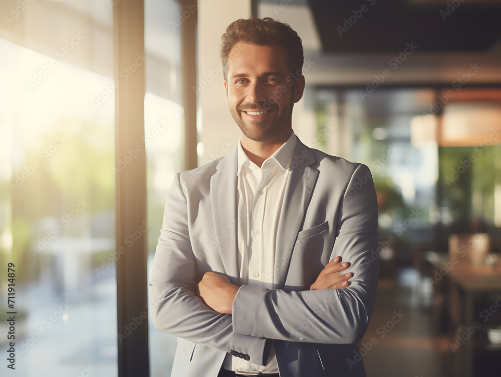 A handsome mature businessman is in an office with a beard and well-groomed hair. Illuminated by the light of the setting sun. Created with Generative AI. A handsome mature businessman is in an office with a beard and well-groomed hair. Illuminated by the light of the setting sun. Created with Generative AI.