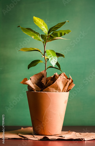 Generative AI illustration of vibrant plant with glossy leaves in terra cotta pot wrapped in crumpled brown paper set against a dark green background photo
