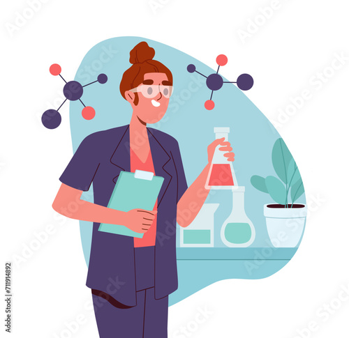 Scientist with chemical concept. Woman with flask with reagent. Chemist in laboratory. Young girl with atom and molecule structure. Cartoon flat vector illustration isolated on white background