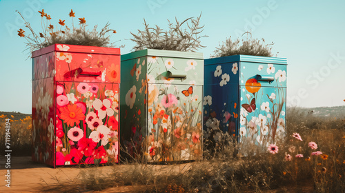 Generative AI illustration of colorfully painted electrical boxes adorned with flower and butterfly illustrations stand among a field of wildflowers photo