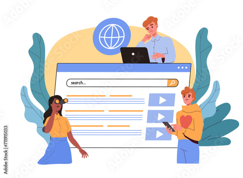 Search term on internet concept. Men and woman near online searching. Information and knowledges at website. SEO and SMM specialits. Cartoon flat vector illustration isolated on white background
