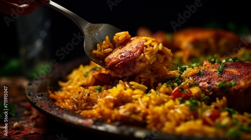 A close-up of a fork piercing a piece of chicken in a serving of Chicken Paella, highlighting the juiciness and tenderness of the meat