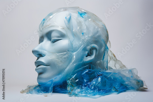 Surreal blue mannequin head wrapped in plastic Generative AI image photo