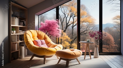 Modern living room interior with large windows and a view of the autumn forest photo