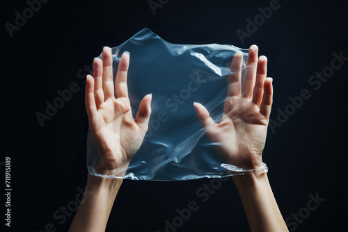 Hands pressing against a transparent flexible surface Generative AI image photo